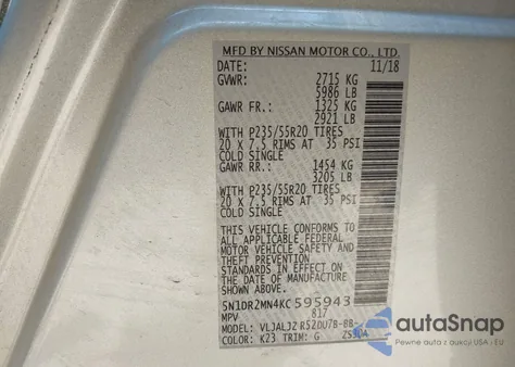 2019 Nissan Pathfinder Platinum из США, поврежденный, VIN 5N1DR2MN4KC595943